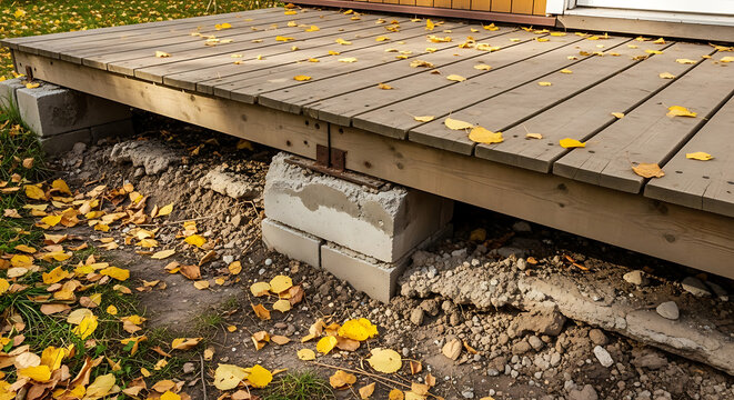 Wooden Deck Platform Supported by Concrete Blocks with Autumn Leaves Scattered Around Framing the Architecture of a Home - Powered by Adobe