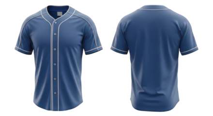 Front and back view of a solid blue baseball jersey with white piping.