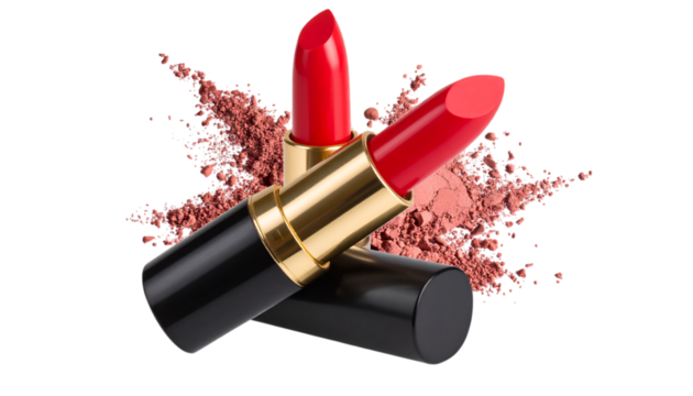 Red lipsticks with loose powder, beauty product for makeup, cosmetic glamour and style on transparent background