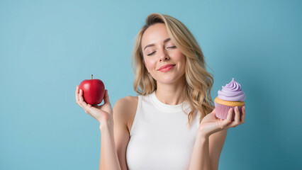 Healthy apple sweet cupcake woman holding food smiling expression blue background lifestyle choice dessert nutrition happiness balance
