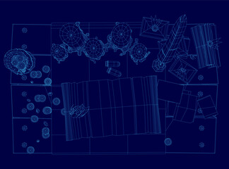 A vintage wireframe blueprint of a space station lies on a wooden table, surrounded by scattered technical objects. The intricate design features detailed modules and connectors against a deep blue.