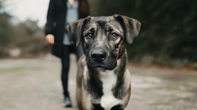 Dog walking with owner looking up with adoring eyes