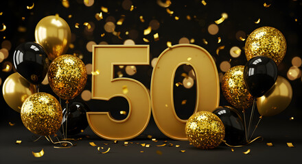 Golden 50th Anniversary Celebration with Balloons and Confetti