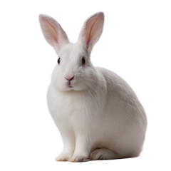 Obraz premium A cute, fluffy white rabbit sitting calmly. Its large ears and shiny eyes create an adorable presence, perfect for pet-themed projects or animal-related content.