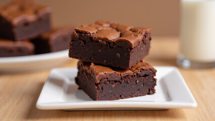 Delicious chocolate brownies with rich, fudgy texture, served on white plate. Perfect for dessert lovers and chocolate enthusiasts