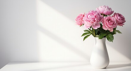 Naklejka premium A vase of pink peonies placed on a white surface with soft sunlight casting shadows.