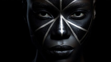 Obraz premium Minimalist black background portrait of a confident young woman with a bold geometric face paint pattern, high contrast lighting and ultra-detailed skin texture for a modern fashion editorial style.