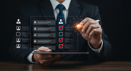 Businessman reviewing candidate profiles and data on a digital interface with a stylus