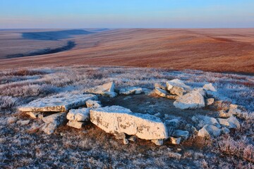 Frozen tundra landscape with remnants of a stone structure