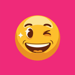 Fototapeta premium Playful winking emoji icon with a happy smile and a shiny sparkle. Cheerful yellow face emoticon vector graphic on a bright pink background.