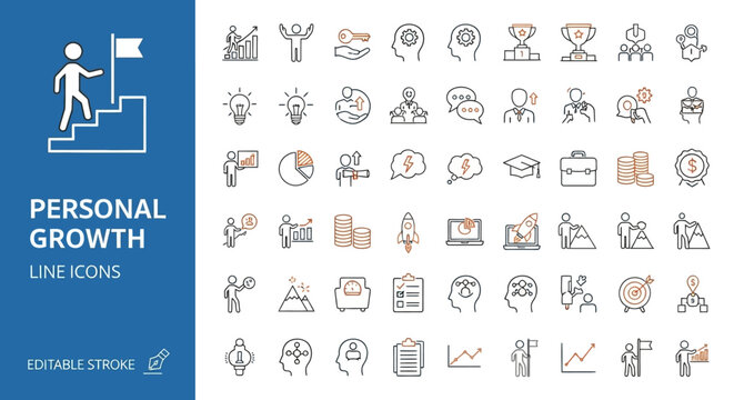 Personal growth and self-improvement line icon set. Collection of editable stroke symbols for career development, success, and motivation.