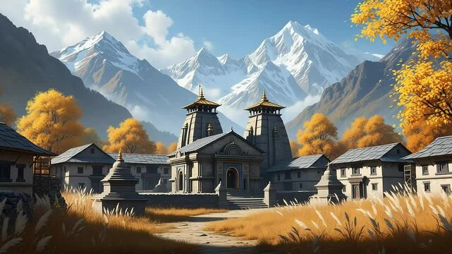 Pixel Art Mountain Village Temple Autumn Scenery