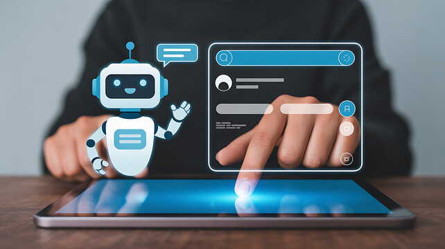 Person interacting with a friendly ai chatbot on a digital interface projected from a smartphone