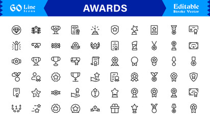 Awards line icon set with professional modern minimal style, unique vector symbols for recognition achievement celebration, elegant and clean design collection, premium quality