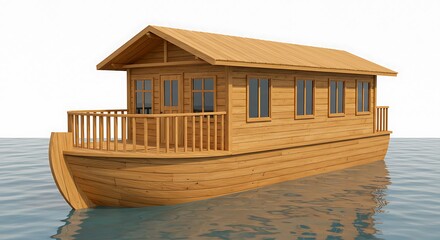 Wooden Houseboat: Calm Waters, Detailed 3D Render