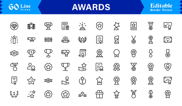 Awards line icon set with professional modern minimal style, unique vector symbols for recognition achievement celebration, elegant and clean design collection, premium quality