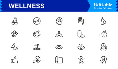 Wellness Icon Set Featuring Health, Mindfulness, Fitness, and Self-Care Symbols in Vector Style