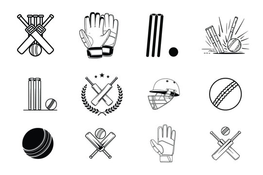 Cricket Sport Equipment Icon Set