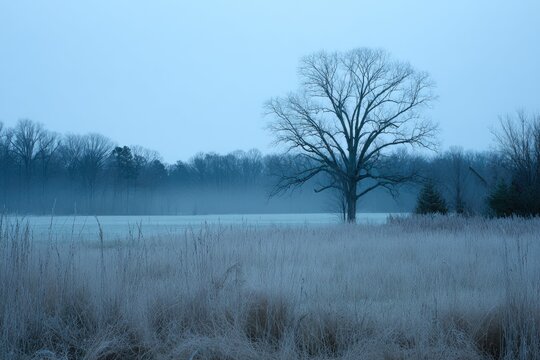 Tranquil winter landscape with a lone tree in a field shrouded in a light bluish haze