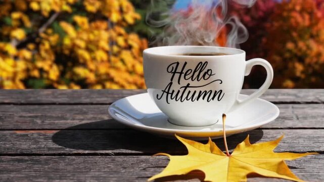 White cup of hot steaming drink with "Hello Autumn" text and yellow maple leaf on a wooden table against blurred autumn park landscape background.Fall season greeting card concept,4K.