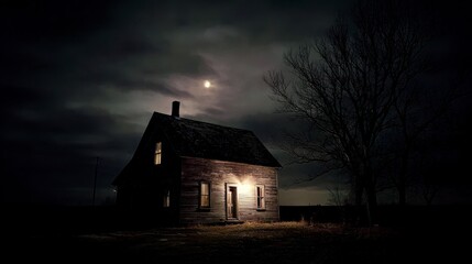 Obraz premium Old house at night under moonlight