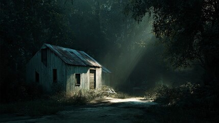 Old house in sunlit forest