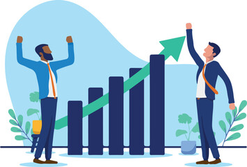 Businesspeople celebrate successful growth and increasing profits, depicted by an ascending bar chart and upward arrow, signifying financial prosperity. Flat design vector illustration