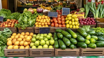 Vibrant fresh produce stand with fruits and vegetables market