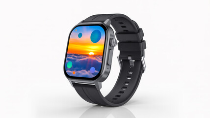 A product photo of a modern smartwatch with a square face and rounded corners against a white background. The watch has a black rubber band with silver buckle holes and a textured patter