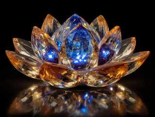 Detailed image of blue and gold crystal sunflower sculpture on reflective surface, highlighted by directed lighting against dark background - AI-Generated