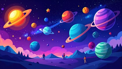 Colorful Digital Illustration of a Cosmic Landscape Featuring Vibrant Planets and Stars Against a Twilight Sky with Mountains in the Foreground