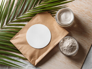 Close-up image of two glass jars with creamointment left and powdergranular substance right, on a wooden surface A brown package possibly cosmetic or skincare product is in fro - AI-Generated