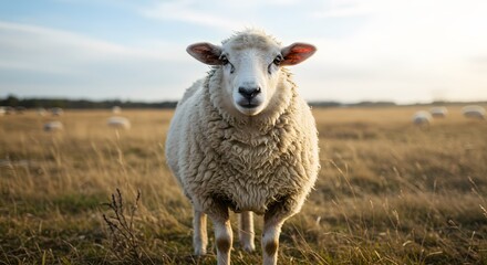 A fluffy white sheep stands in a golden grassy field during the day with a blue sky and soft clouds