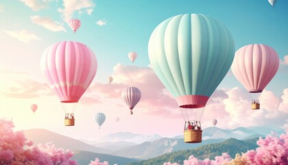 Obraz premium Colorful Hot Air Balloons Floating Above Lush Mountains with Cherry Blossom Trees Under a Bright Sunny Sky at Dusk