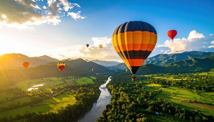 Fototapeta premium Colorful Hot Air Balloons Soaring Over Lush Green Valley and Serene River at Sunset in the Mountains