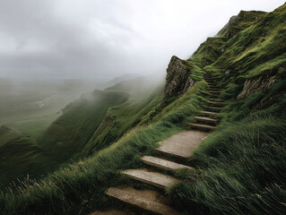 Worn stone steps leading up to a green, misty cliff in an overcast day, suggesting solitude and tranquility Shades of green, brown, and gray dominate the color palette Realistic style - AI-Generated