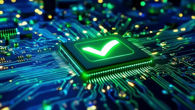 Successful validation confirmed with a glowing green checkmark symbol on a futuristic computer processor chip and circuit board.