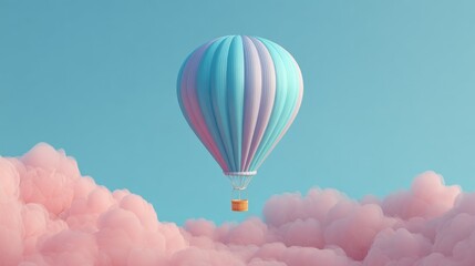 Obraz premium A bluepink hot air balloon floats above a mass of pink clouds against a clear blue sky