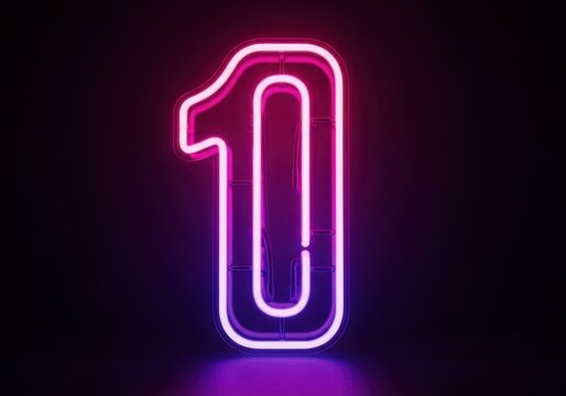Bright pink and purple neon number one sign glowing in darkness