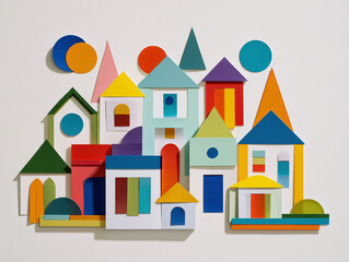 Fototapeta premium A vibrant, abstract collage featuring diverse houses in various colors red, yellow, green, blue with distinct patterns and roof styles pointed, flat Made of paper or cardstock, the - AI-Generated