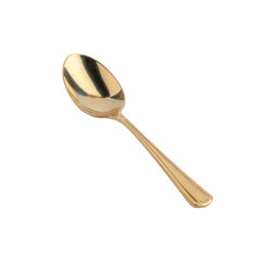 A shiny gold spoon placed against a clean white background, showcasing its elegant design and smooth surface, perfect for culinary presentations and dining set styling.