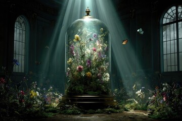 Grand floral display in ornate glass dome
