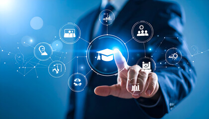 Man selects online education icon.