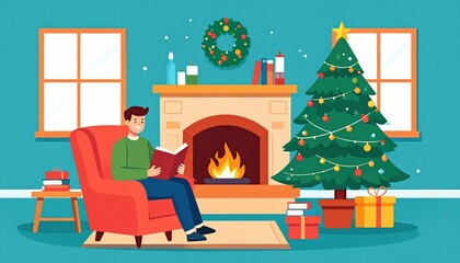 Cozy Indoor Scene of a Man Reading a Book by the Fireplace Surrounded by Christmas Tree and Festive Decorations in a Cheerful and Joyful Atmosphere