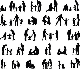 Family silhouettes, parents and children, playful moments, bonding time, childhood memories, caring parents, happy kids, love, parenting concept, outdoor play