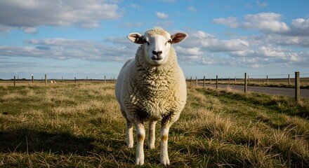Obraz premium A single sheep stands in a grassy field under a blue sky with clouds, looking directly at the camera
