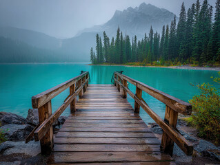 Fototapeta premium Forested mountains rise from a calm, weathered wooden dock in a lake under an overcast sky - AI-Generated