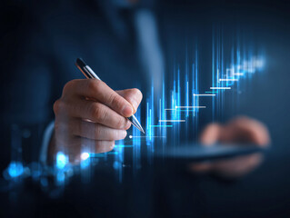 Person at desk, writing or pointing, cool tones blue, gray, digital display, bar charts, numerical figures, workstudy, bright lighting, surreal quality, businessacademic theme, real - AI-Generated