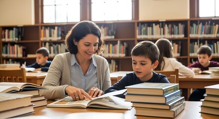 Dedicated female tutor guiding an elementary student through a book in a school library