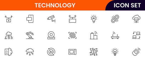 Technology vector line icons featuring smartwatches, fitness bands, AR glasses, biometric sensors, health tracking, connectivity, notifications, and portable digital devices.